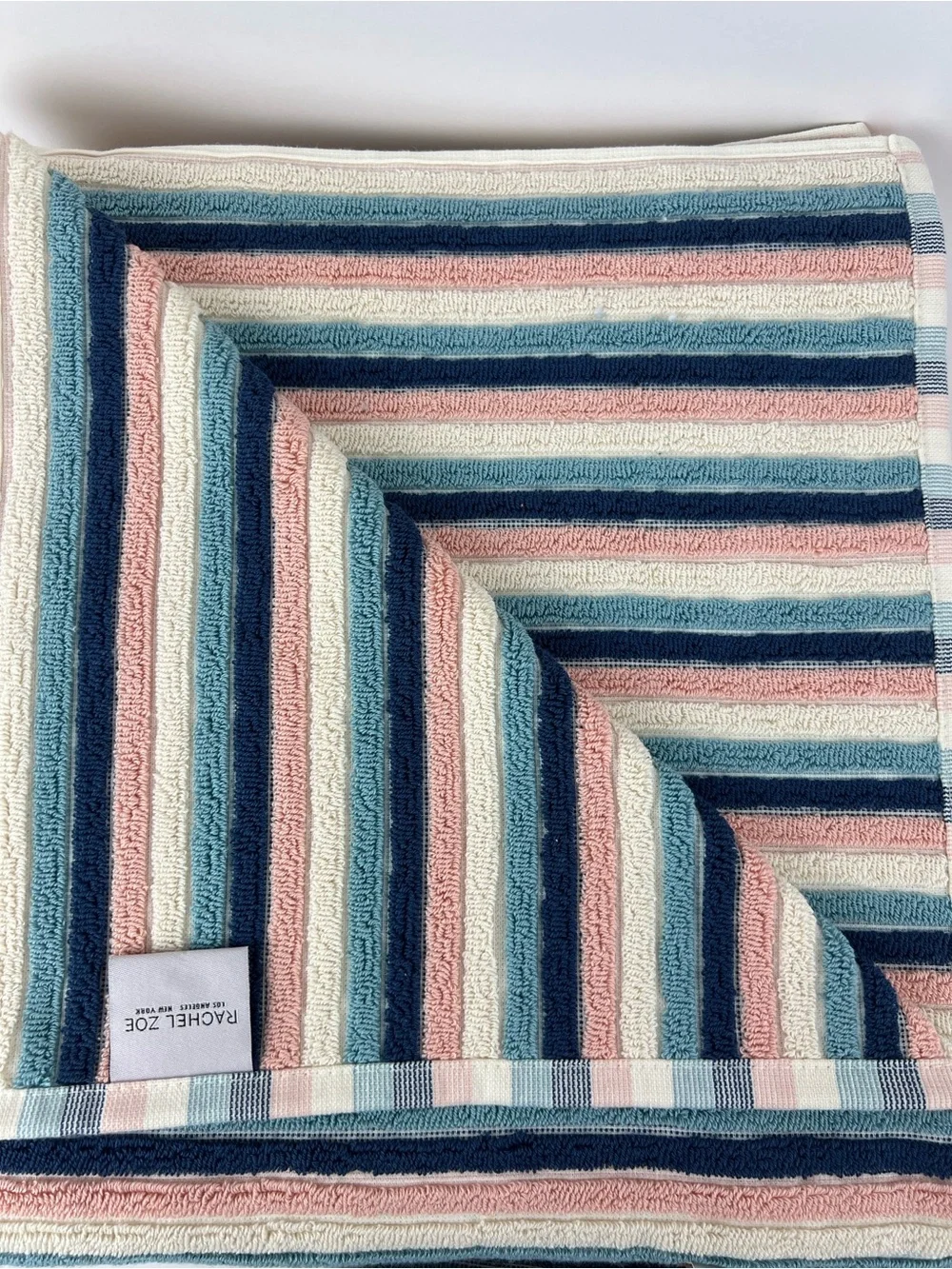 Rachel Zoe Bath Towel Set Striped Pink Navy Cream Soft 100% Cotton 2 Pc NEW